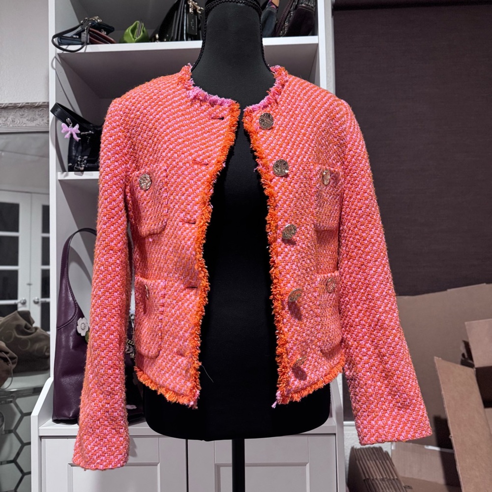Mango MNG Pink Orange Tweed Jacket Bouclé | Gold Buttons Cropped | Size S